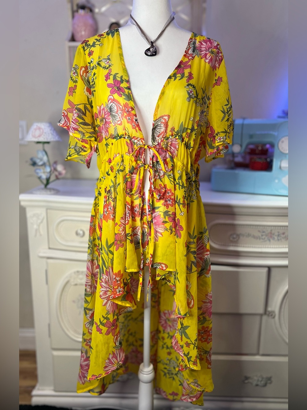 True Destiny Yellow Floral High-Low Tie-Front Dress